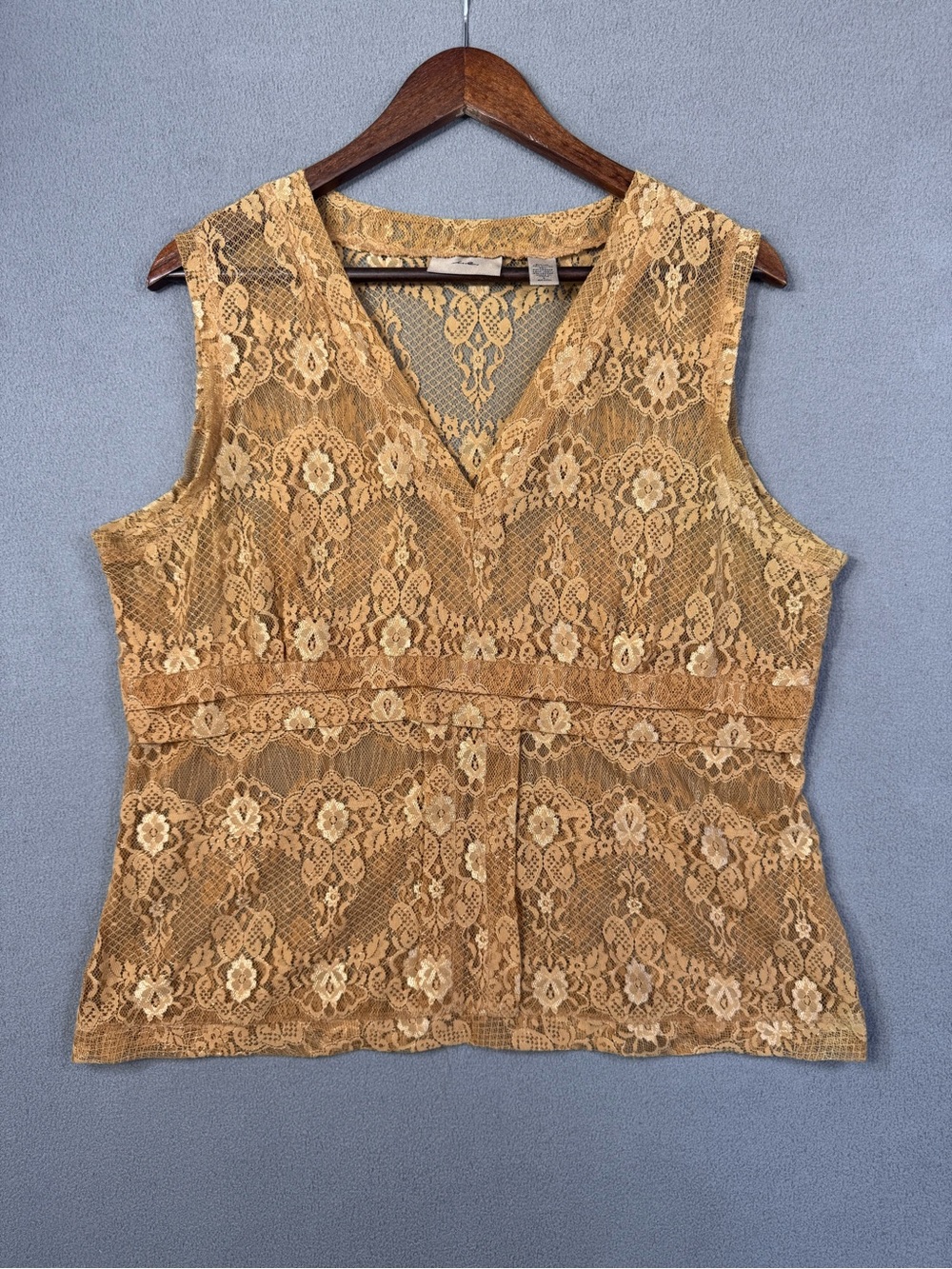 Vintage Y2K i.e. Women's Boho Lace V-Neck Sheer Babydoll Top, Gold, Size Large